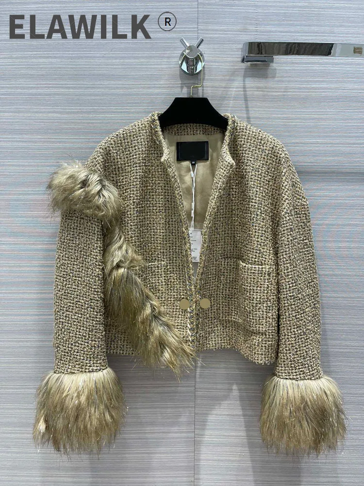 

Женское твидовое пальто, модное декоративное пальто из искусственного меха, с золотистой проволокой, короткое пальто с 3D вырезом, пальто с д...