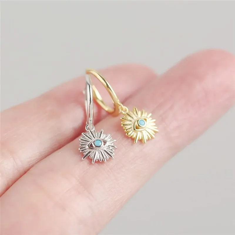 

A00510 Geometric Round Real 925 Sterling Silver Blue Zircon Demon Eye Stud Earrings for Women Evil Eyes Ear Hoop Jewelry