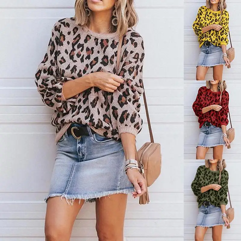 Зимние женские свитера пуловеры с леопардовым принтом свитер в европейском и