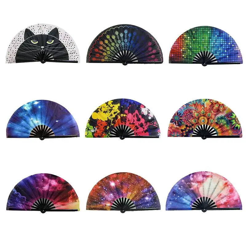 

1pc Large Folding Hand Fan Fold Dot Rainbow Print Festival Handheld Fan