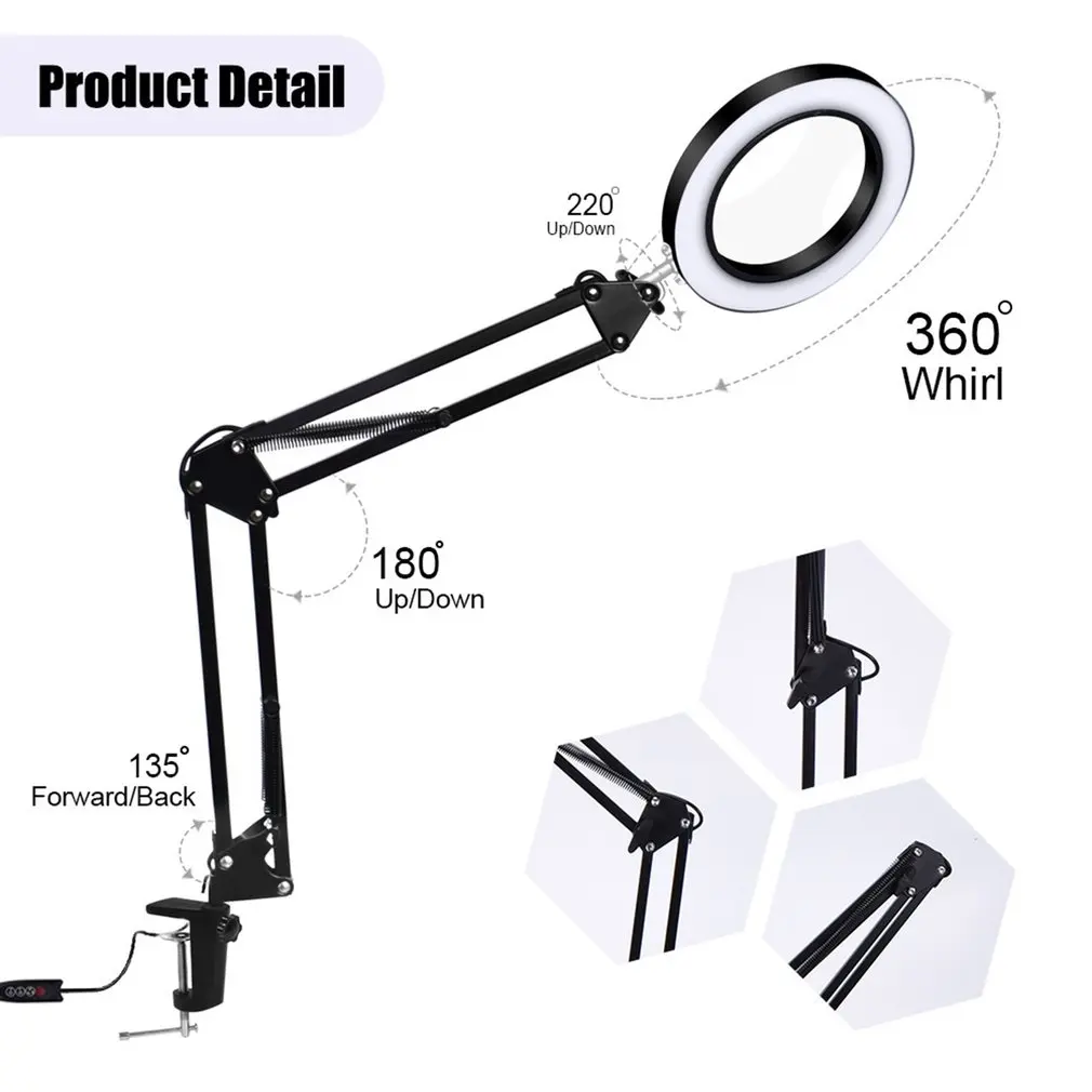 

LED Folding Long Arm Clip Eye Protection Lamp Usb Reading Book Lamp Magnifying Glass Lamp Black 33+33CM