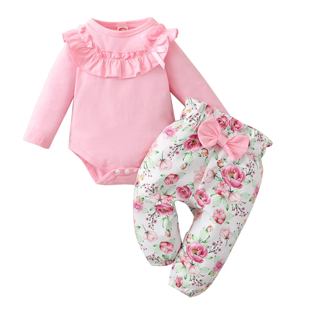 

Newborn Baby Girls Cotton Spring Autumn Pullover Round Neck 2 Piece Set Pants Knit Floral Bow Ruffle Long Sleeve Casual Romper
