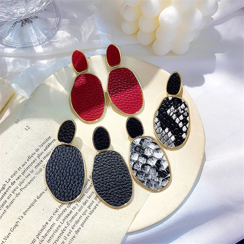 Женские серьги подвески FYUAN Простые овальные геометрические из кожи черного