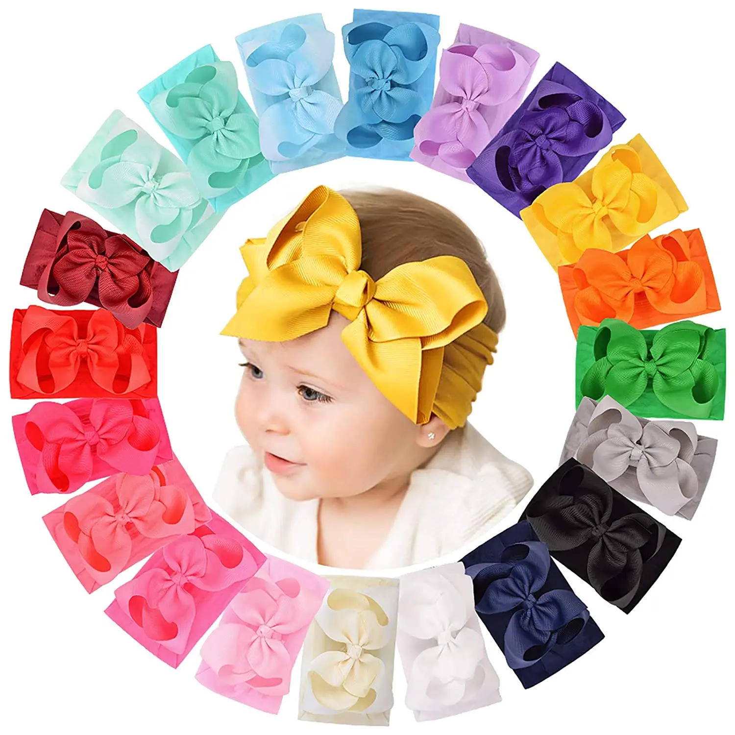 

20pcs 6 Inches Baby Girls Big Bows Headbands Elastic Nylon Hairbands Turban Hair Accessories for Newborns Infants Toddlers Kids