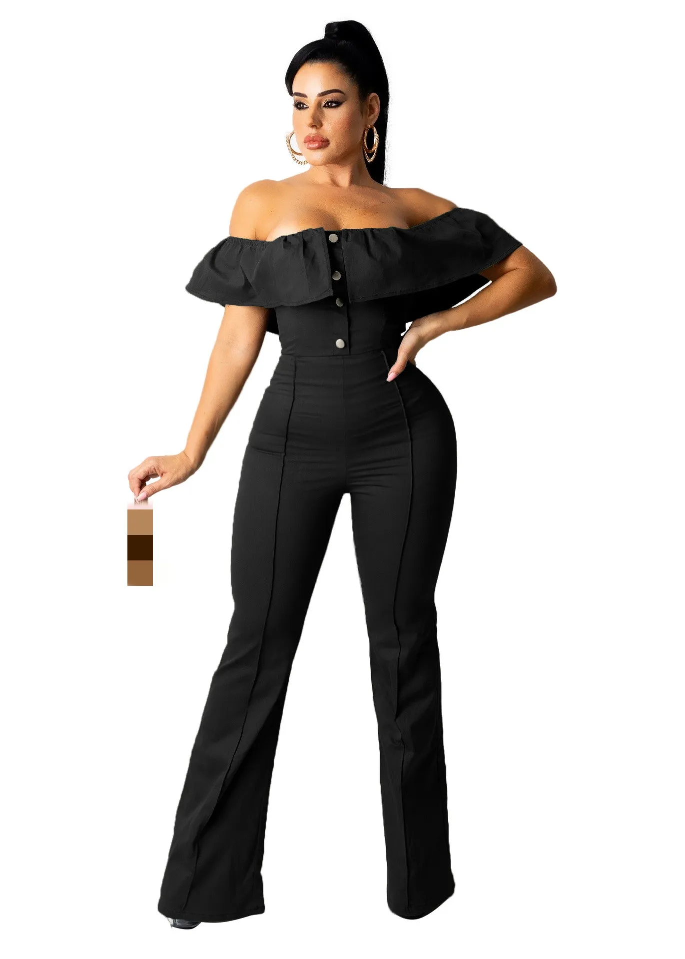 

JRRY Women Jumpsuits Slash Neck Buttons Wide Leg Pants Bodysuit Elastic Solid Pattern Outdoor Wear