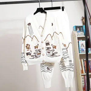 Женский спортивный костюм с вышивкой, белый или серый трикотажный комплект из двух предметов, кардиган, свитер и брюки-карандаш, Свободный Повседневный Трикотажный костюм