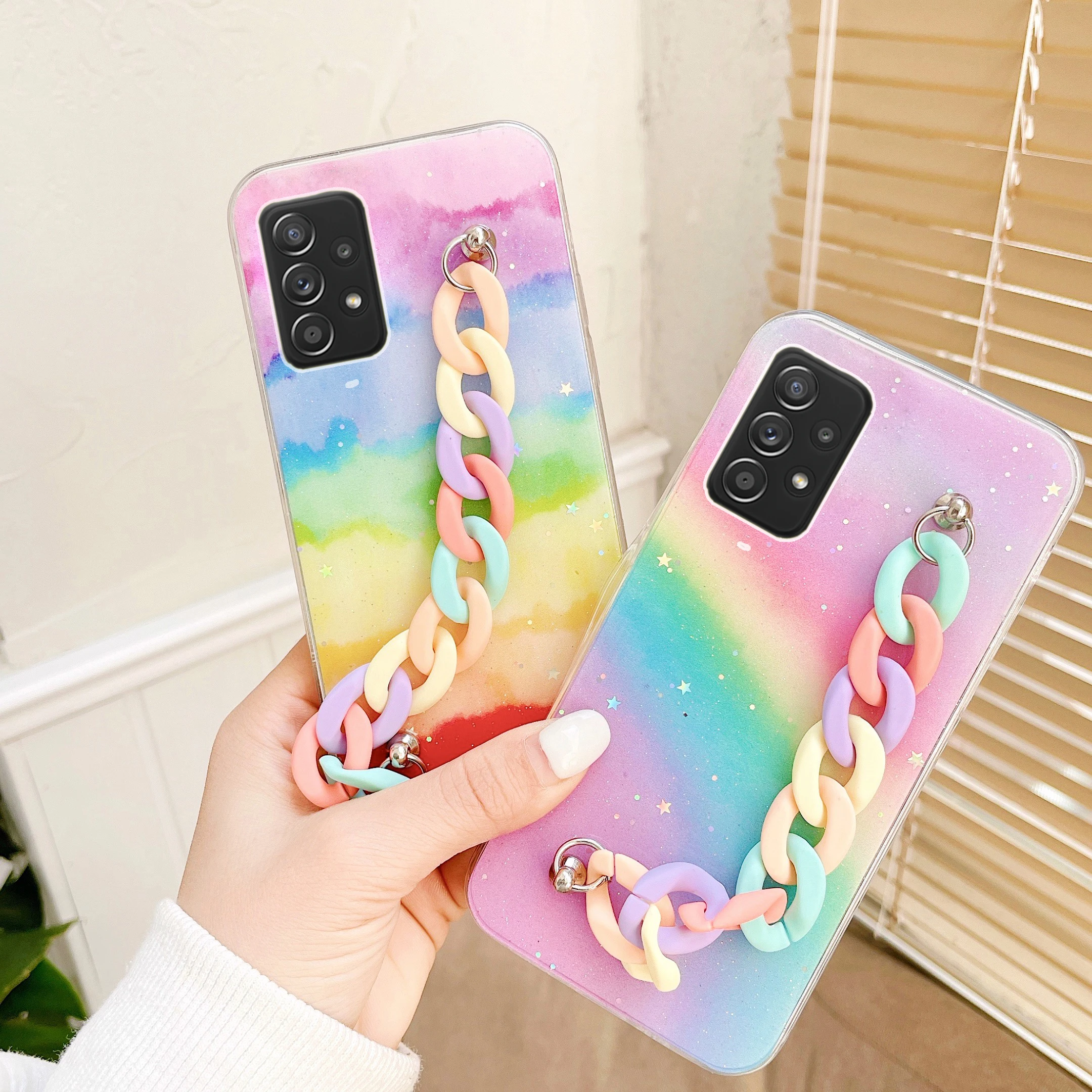 

Silicone Rainbow Wriststrap Phone Case For Samsung Galaxy A52 A72 S21 S20 FE Plus Note 20 Ultra Finger Grip Soft Hand Band Cover