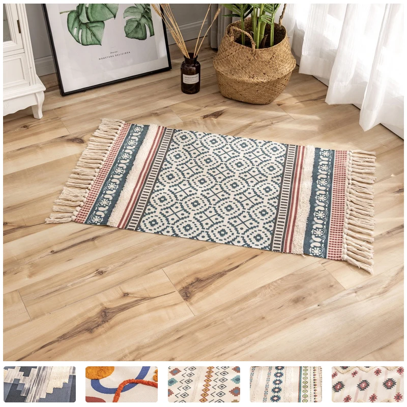 

Ковер с марокканским принтом в стиле ретро, богемный, хлопковый, льняной, изящный коврик, ворсовые кисточки с ковриком, коврик для ванной
