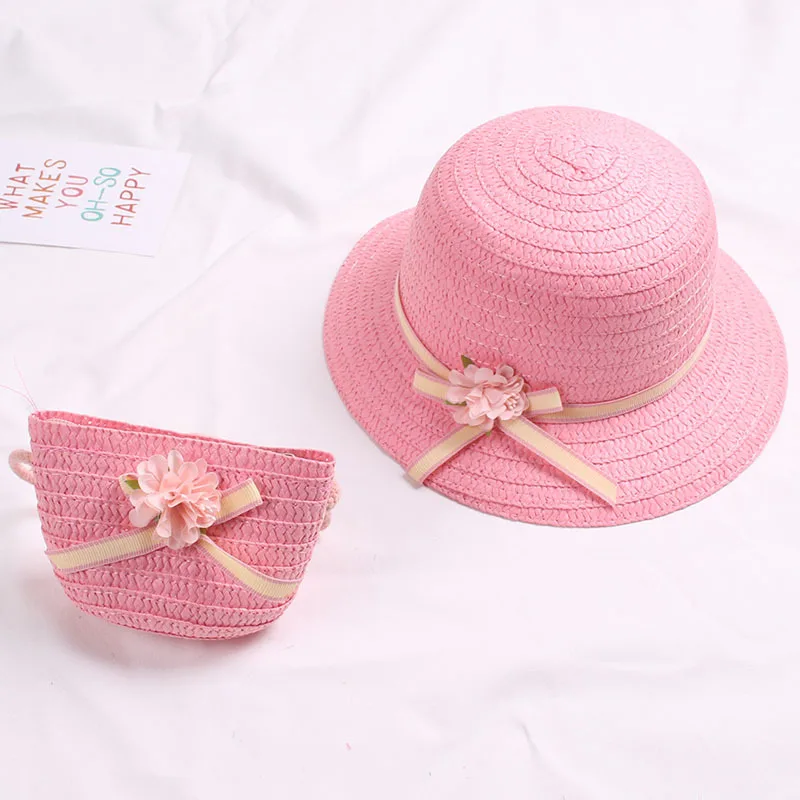 

Summer Baby Flower Breathable Hat Straw Hat With Handbag Bags Kids Hat Boy Girls Sun Visor UV protection panama Hat gorras