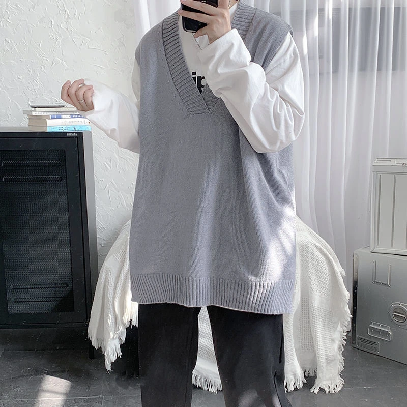 

Korean Sweater Vest Men's Fashion Solid Color Casual V-neck Knitted Pullover Men Loose Knitting Sweaters Mens Clothes M-5XL