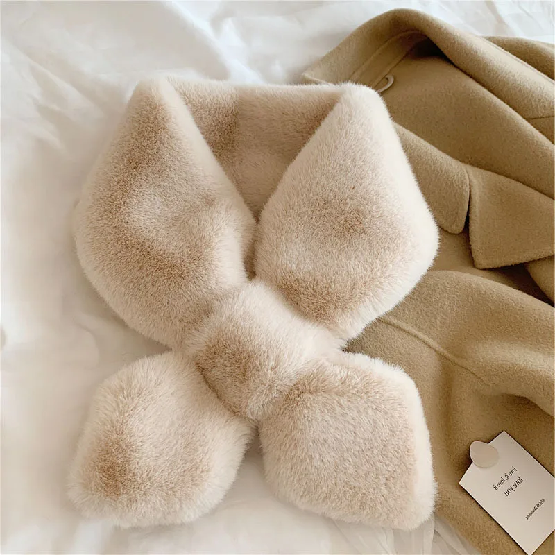 

Chic Style Autumn and Winter Solid Color Women's Fur Collar Warmth Imitation Rex Rabbit Fur Cross Scarf Plush Fur Collar