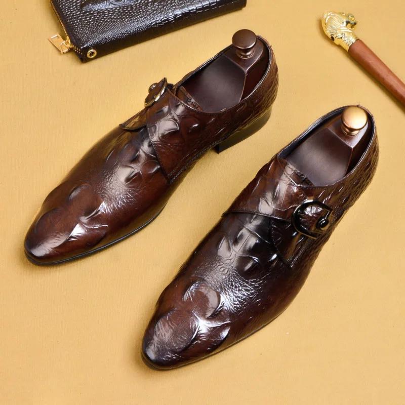 Модные мужские туфли из натуральной кожи с ремешком пряжкой и крокодиловым