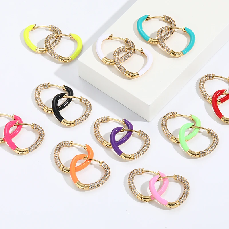 

Heart Enamel Micro CZ Piercing Earring for Women Boho Bohemian Copper Plated Wedding Trend Earrings 2021 Party Korean Fashion