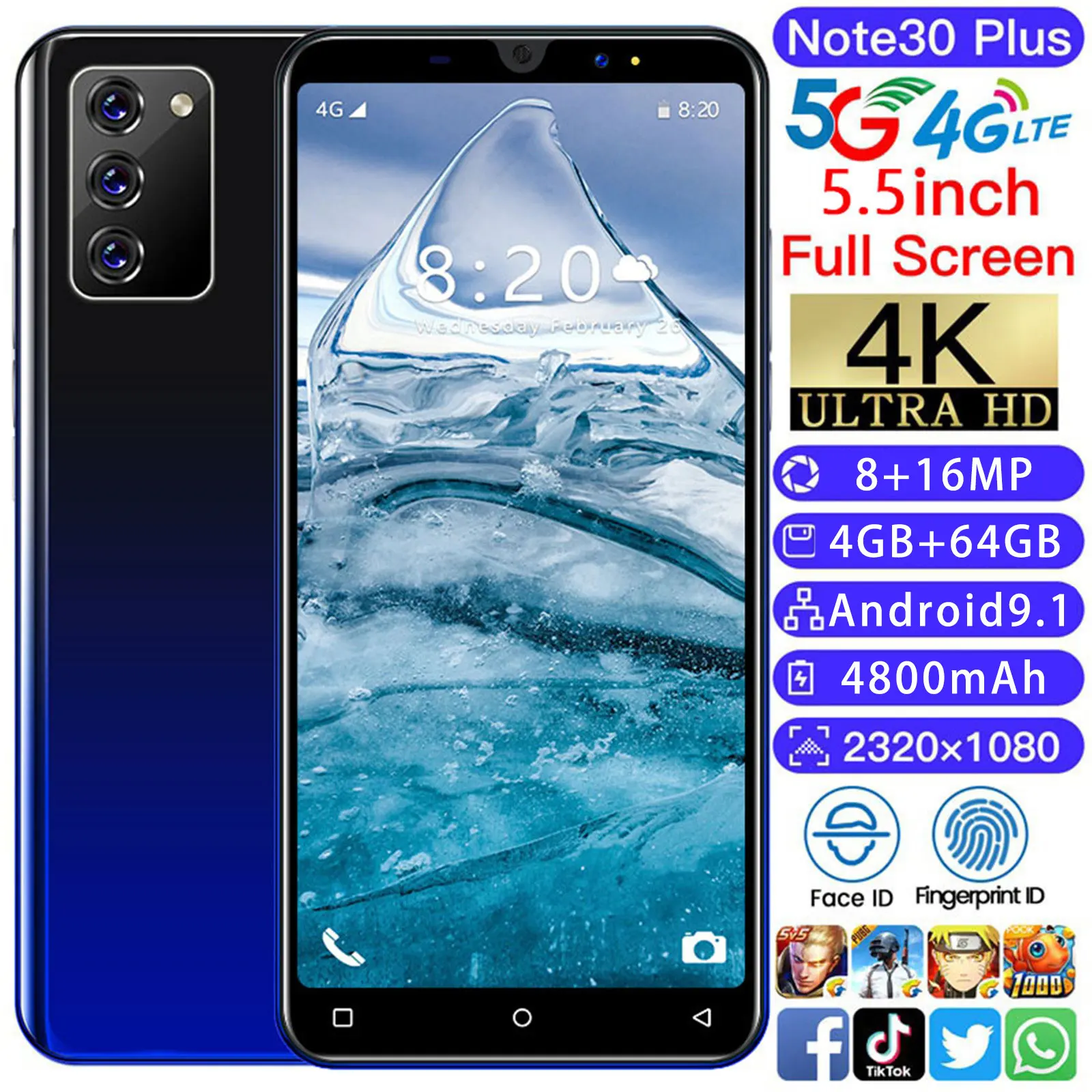 

Global Version Note30 Plus 5.5 Inch Screen 8+16MP HD Camera 4+64GB Andriod 9.1 Face Fingerprint ID 4800mAh Cheap Smartphones