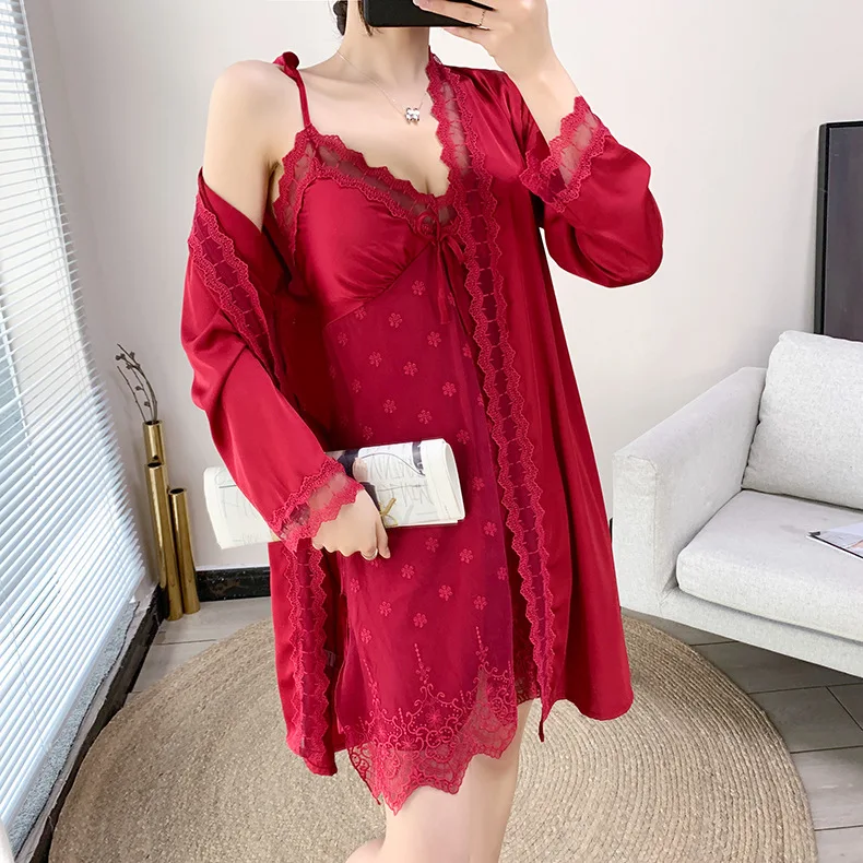 

Women Kimono Bathrobe Gown Sexy Lace Burgundy Wedding Robe Nightgown Set Summer Faux Silk Lady Sleepwear With Bra Home Dress