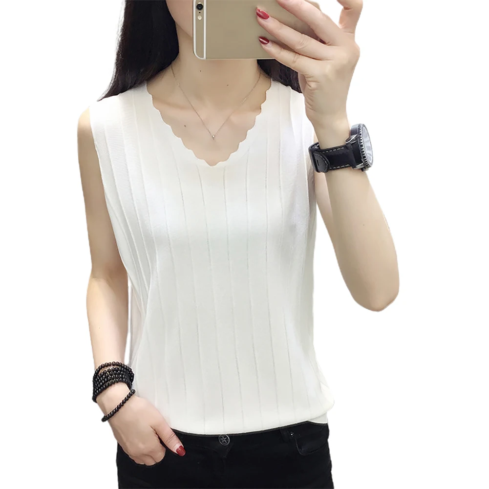 Женская летняя однотонная Свободная рубашка с v-образным вырезом без рукавов |