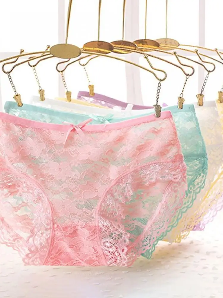 

Ladies' New Sexy Lace Comfortable And Cute Candy-Colored Panties One-Piece Jacquard Bow Sweet Hollow Briefs
