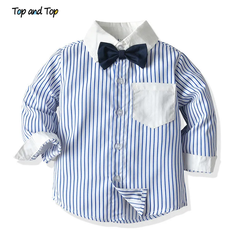 Top and Children Boys Clothing Set Gentleman Outfits Long Sleeve Striped Bowtie Shirt+Suspender Trousers Kids Clothes | Детская одежда