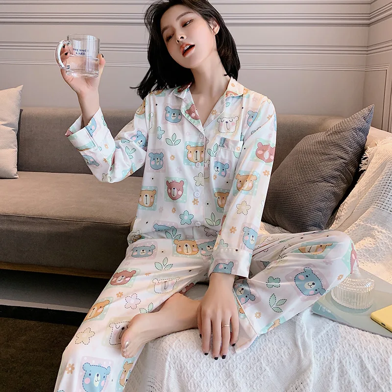 Женские пижамные комплекты с принтом медведя 2 шт. одежда для сна длинным рукавом