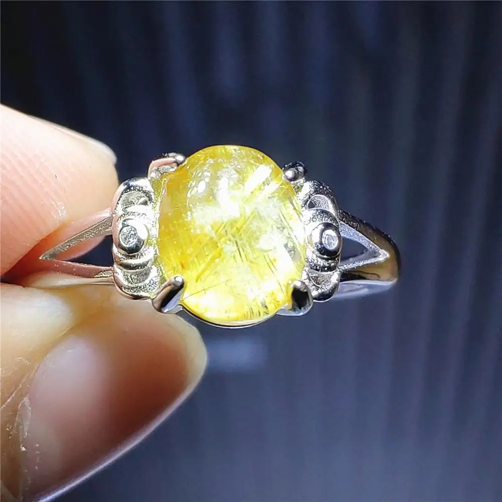 

Genuine Natural Gold Rutilated Quartz Adjustable Women Ring 9x8mm Crystal Oval 925 Sterling Silver Wealthy Stone Ring AAAAAA