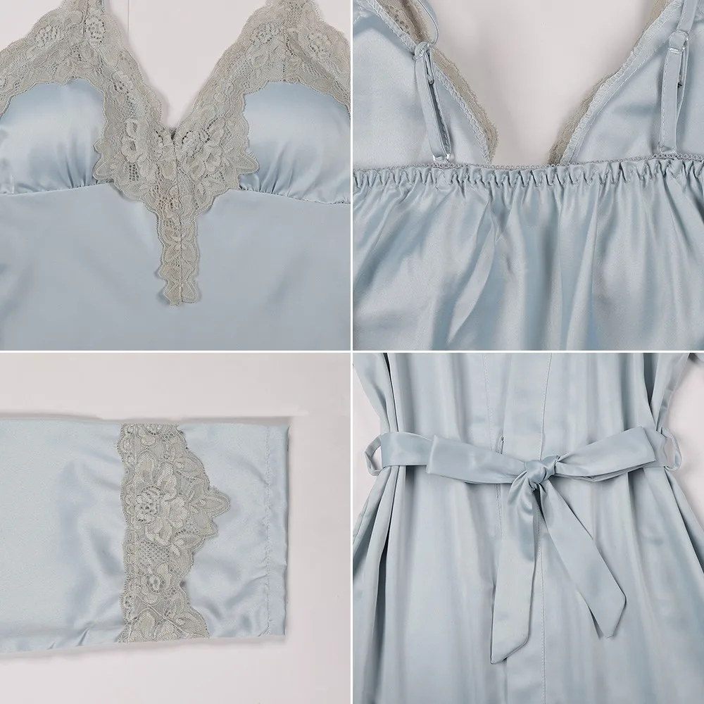 

Women Sexy 5PCS Robe Set Sleepwear Silky Satin Nightgown Kimono Bathrobe Gown Lace Patchwork Nightwear Casual Home Clothes