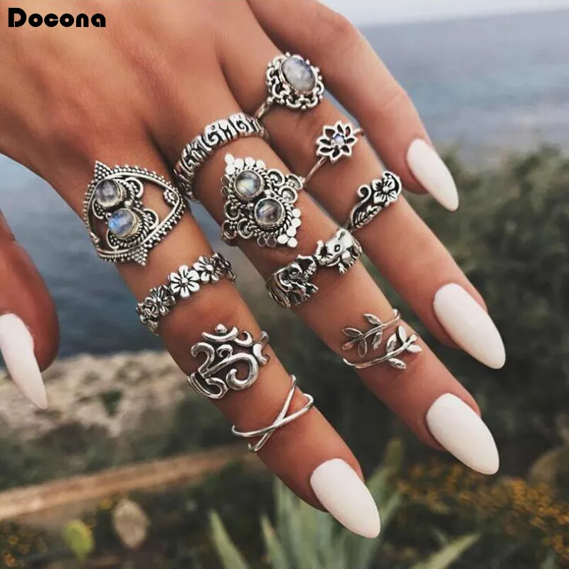 

Docona 11pc/set Boho Vintage Silver Color Geometric Leaf Flower Carving Knuckle Midi Rings Fashion Finger Jewelry Brincos 6343