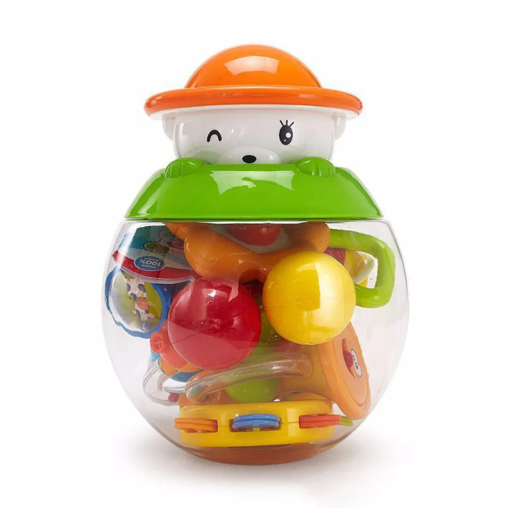 

8pcs Baby Infant Teether Rattle Set Grab Spin Shaking Bell Sensory Teether Rattle Educational Toys with Storage Bottle (Ran