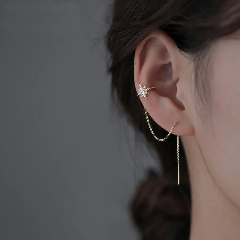 

Minimalist Long Tassel Threader Stud Earrings For Women Gold Silver Color Six-pointed Star Ear Clip Pendientes Girls Ear Jewelry