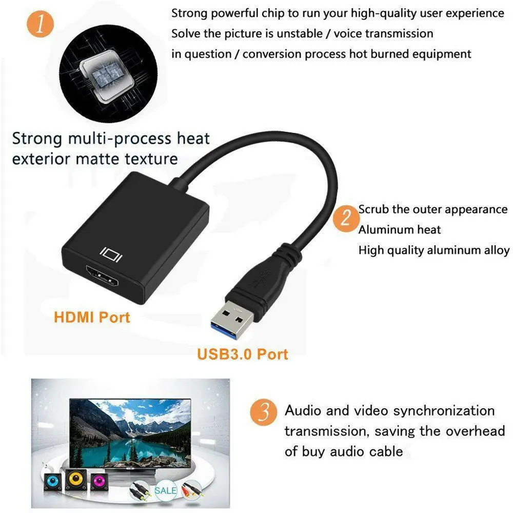 Кабель переходник с USB 3 0 на HDMI аудио и видео для Windows XP/7/8/10 PC 1080P|Компьютерные