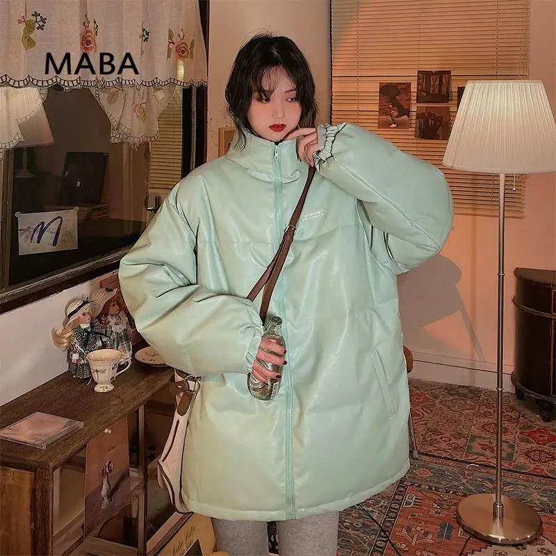 

Женская зимняя куртка из искусственной кожи и хлопка, модная дизайнерская свободная Толстая теплая Студенческая куртка с воротником-стойк...