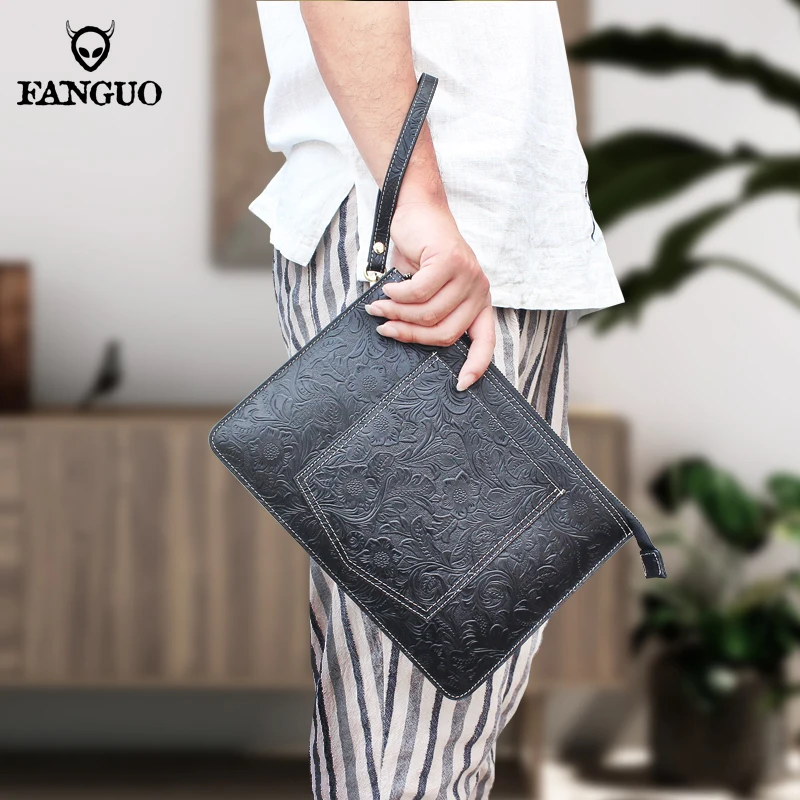 

Cow Genuine Leather Clutch Wallet For Men Handmade Storage Business Handbag Waist Pack Retro Hand Bag Male Pouch