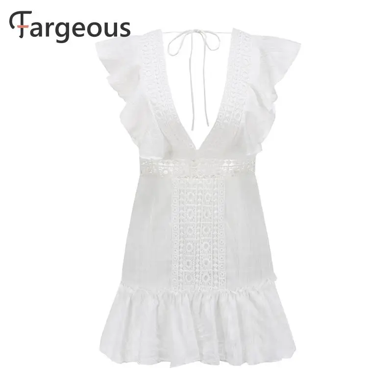 Fargeous женское элегантное белое короткое платье с вышивкой летнее сексуальное кружевное платье с v-образным вырезом на спине женские вечерние платья с высокой талией Vestidos