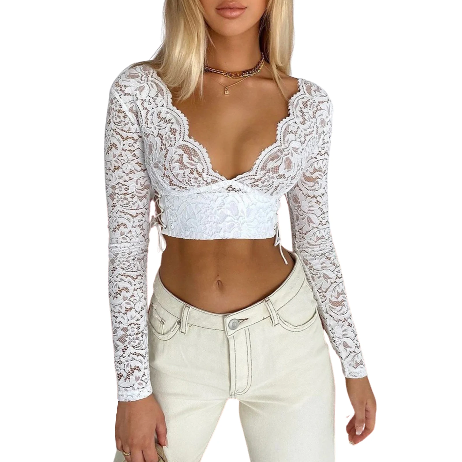 

Womens Casual Long Sleeve T-shirt New Fashion Solid Color Lace Stitching Bandage Exposed Navel Slim Fit Top Swimwear