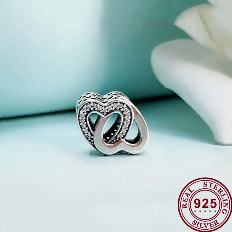 

Original 925 Sterling Silver Double Heart Blend With Water And Gold Beads Fit Pandora Women Bracelet & Necklace Diy Jewelry