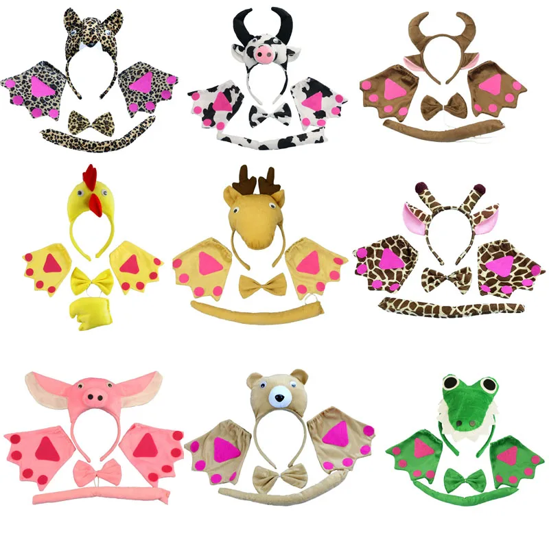 

Children Adults Animal Headband Bow Tie Tail Paws Gloves Cat Wolf Cosplay Costume Set Carnival Party Dress Up Decor Halloween