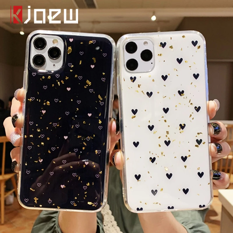 Блестящие Чехлы KJOEW из золотой фольги с любовным сердцем для iPhone 11 Pro Max X XR Xs мягкий