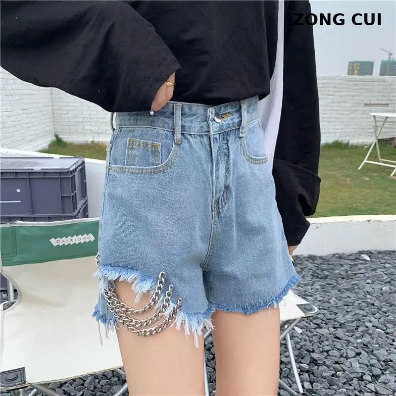 

Summer New Women Chain Splicing Denim Shorts Lady Fashion Casual Wide Leg Pants Solid Color High Waist Loose A-line Jeans