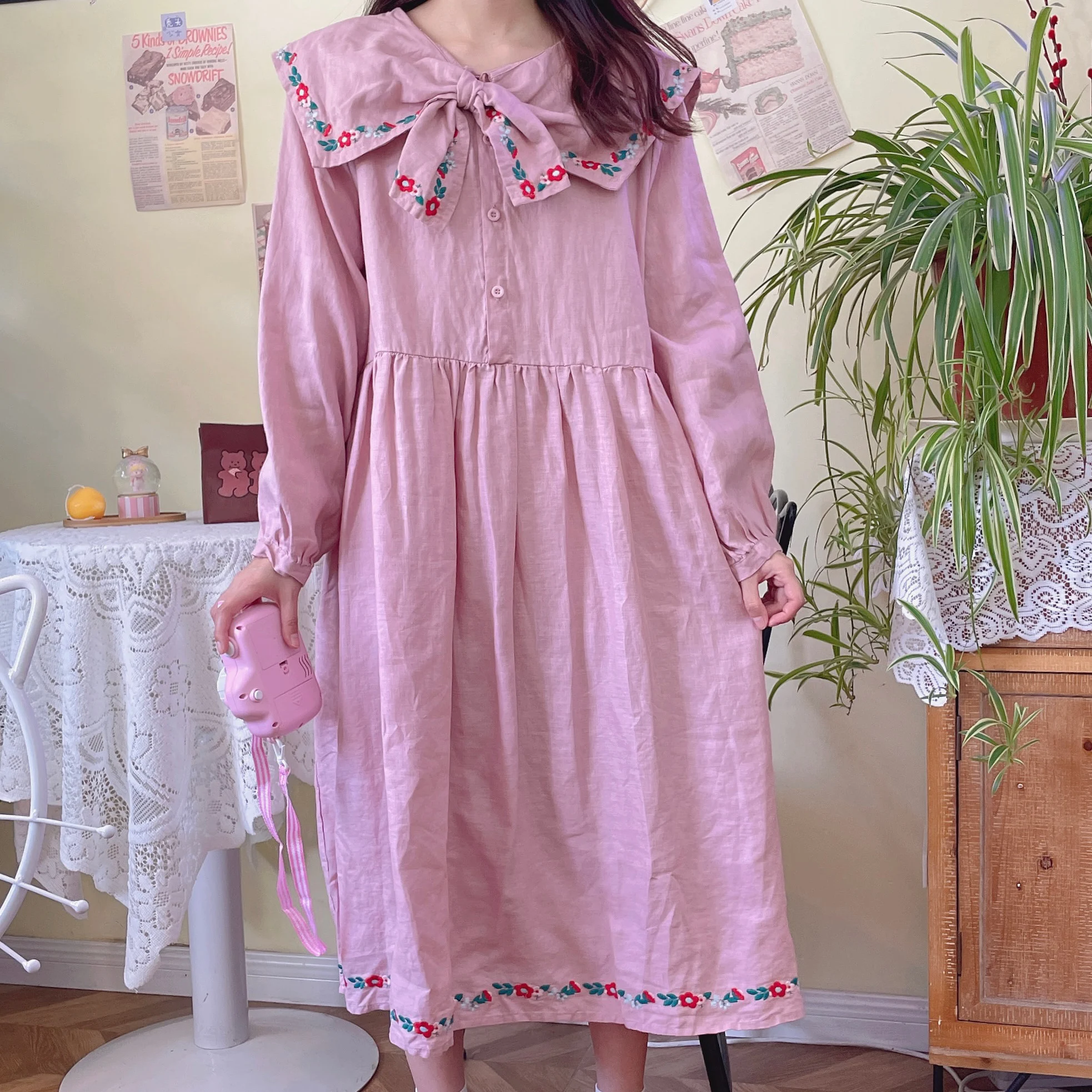 

Женское льняное платье в японском стиле Mori Sweet, осеннее платье принцессы с длинным рукавом и бантом, 821-68