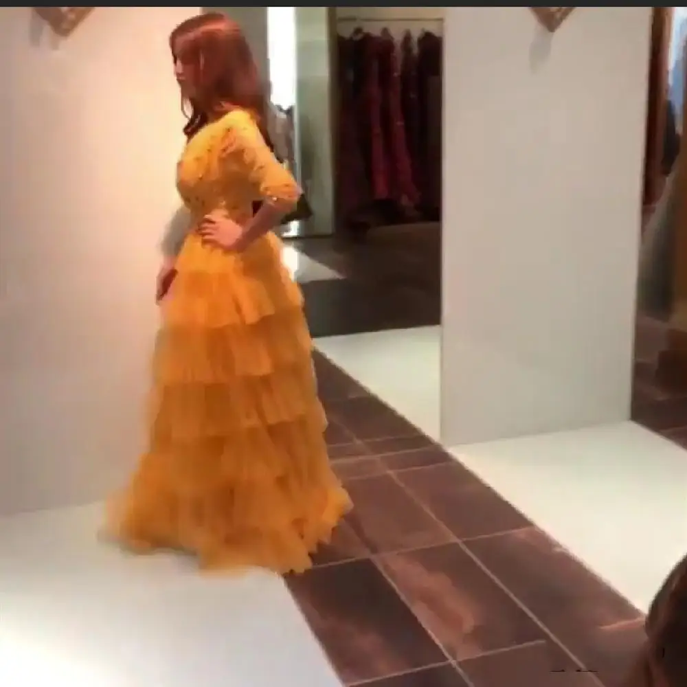 2019 желтое Расшитое бисером платье из Дубаи с коротким рукавом в пол