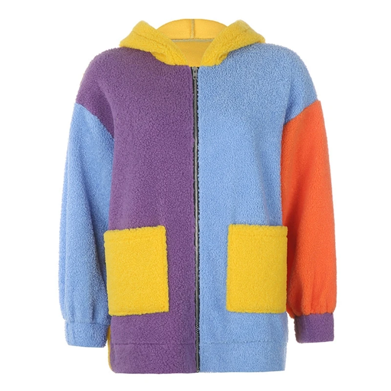 

Women Long Sleeve Fuzzy Plush Hoodie Jacket Colorful Patchwork Loose Tunic Coat 6XDA