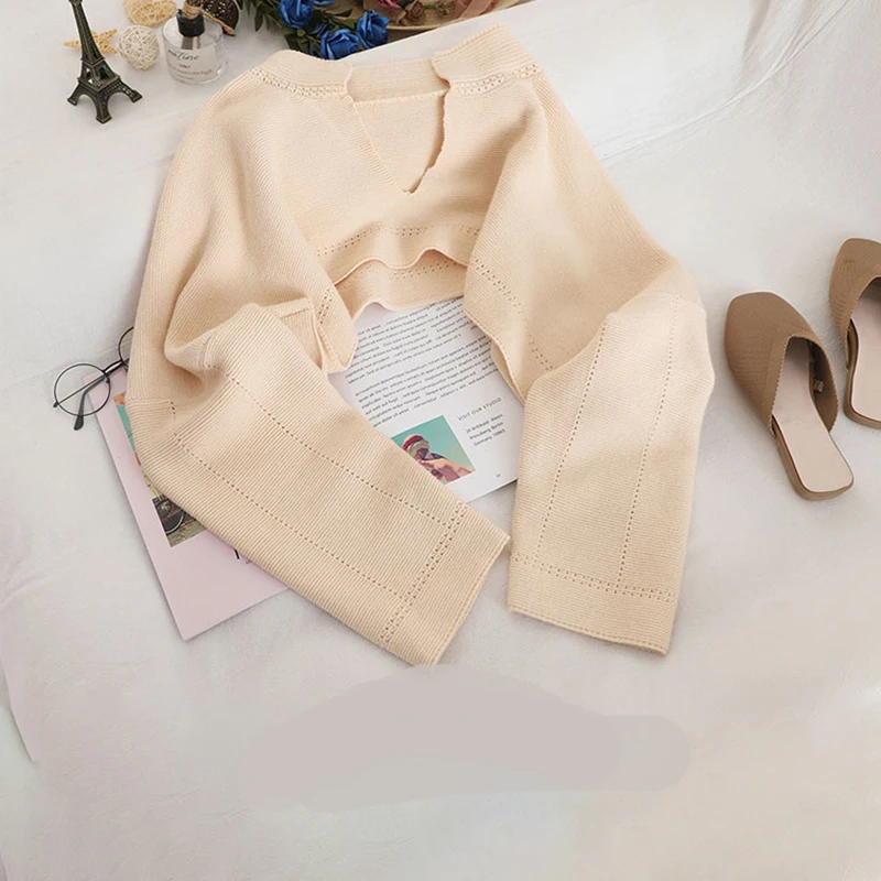 Короткий стильный Однотонный свитер повседневный Женский вязаный с v образным