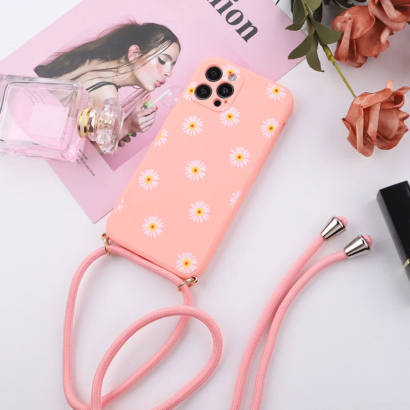 

Fashion Flower Candy Color Phone Case For Iphone 11 Pro Max 12 Mini XR XS 8 X 7 6 6s Plus SE Carry Necklace Lanyard Coque Fundas