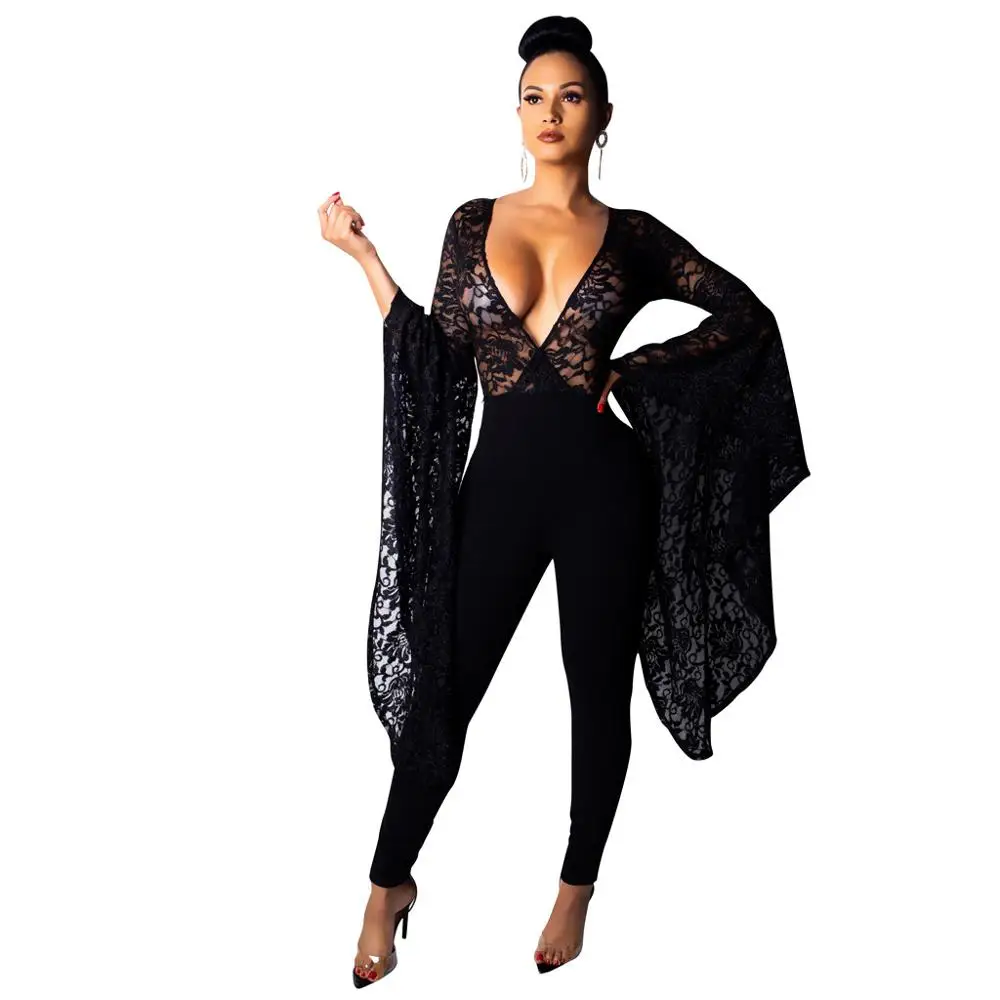 black jumpsuit Adogirl, сексуальный комбинезон из прозрачного лоскутного кружева с глубоким v-образным вырезом, Женский Повседневный комбинезон с расклешенными рукавами, вечерние Клубные комбинезоны, женские комбинезоны - Цвет: black jumpsuit
