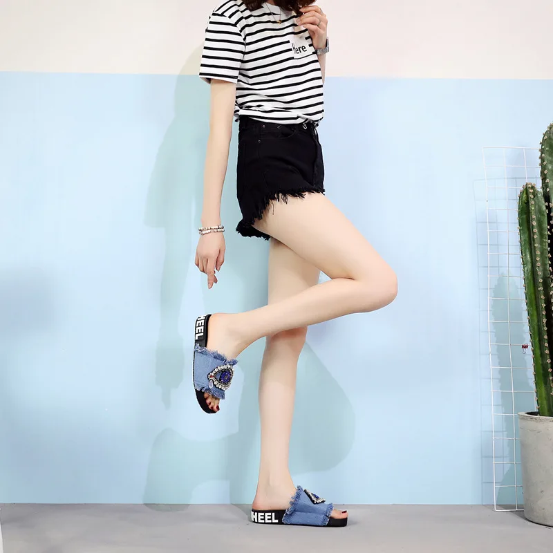 Шлепанцы женские из денима роскошные пляжные сандалии на платформе с