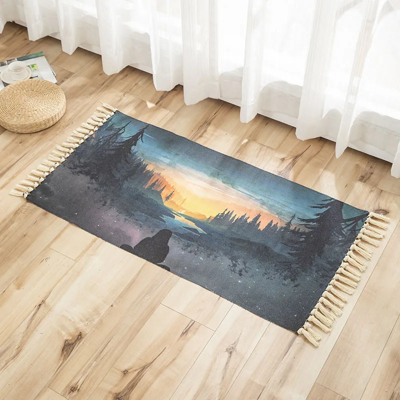 

Cotton And Linen Macrame Carpet Rectangle View Printed Water-absorption Hotel Hallway Bed Room Bohemian Decorative Ground Rugs