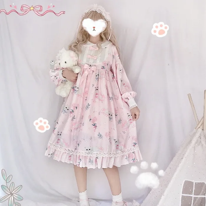 Викторианский дворец пион кошка Лолита платье Милая девочка в японском стиле