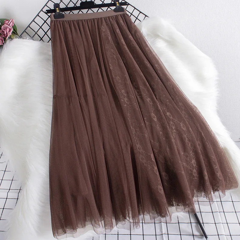 

Lace Flower Stitching Mesh Skirt New High Waist Layers A-line Umbrella Skirt Mid-length Skirts Female Clothing Faldas Mujer Moda