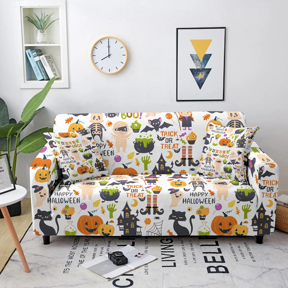 Funda el&aacute;stica con estampado de calabaza fantasma para sof&aacute;, cubierta de esquina el&aacute;stica para sala de estar, decoraci&oacute;n para fiesta de Halloween, Protector de sof&aacute;-1