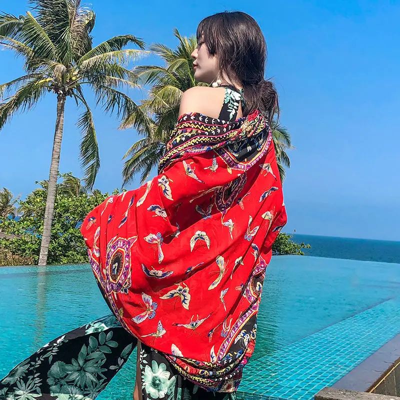 large size 140x180cm twill printed beach cover ups women large beach dress bikini bathing swimwear cover up sarong wrap scarf free global shipping
