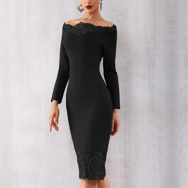 Осень 2019 модное облегающее Бандажное платье с воротником лодочкой вечерние